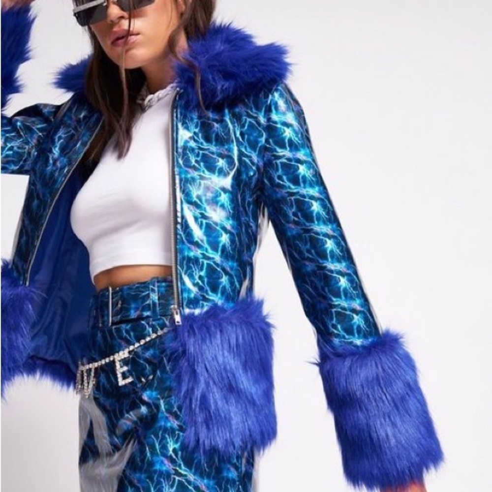 NEW Jaded London Jacket Faux Fur and Electric Reflective Blue Fabric